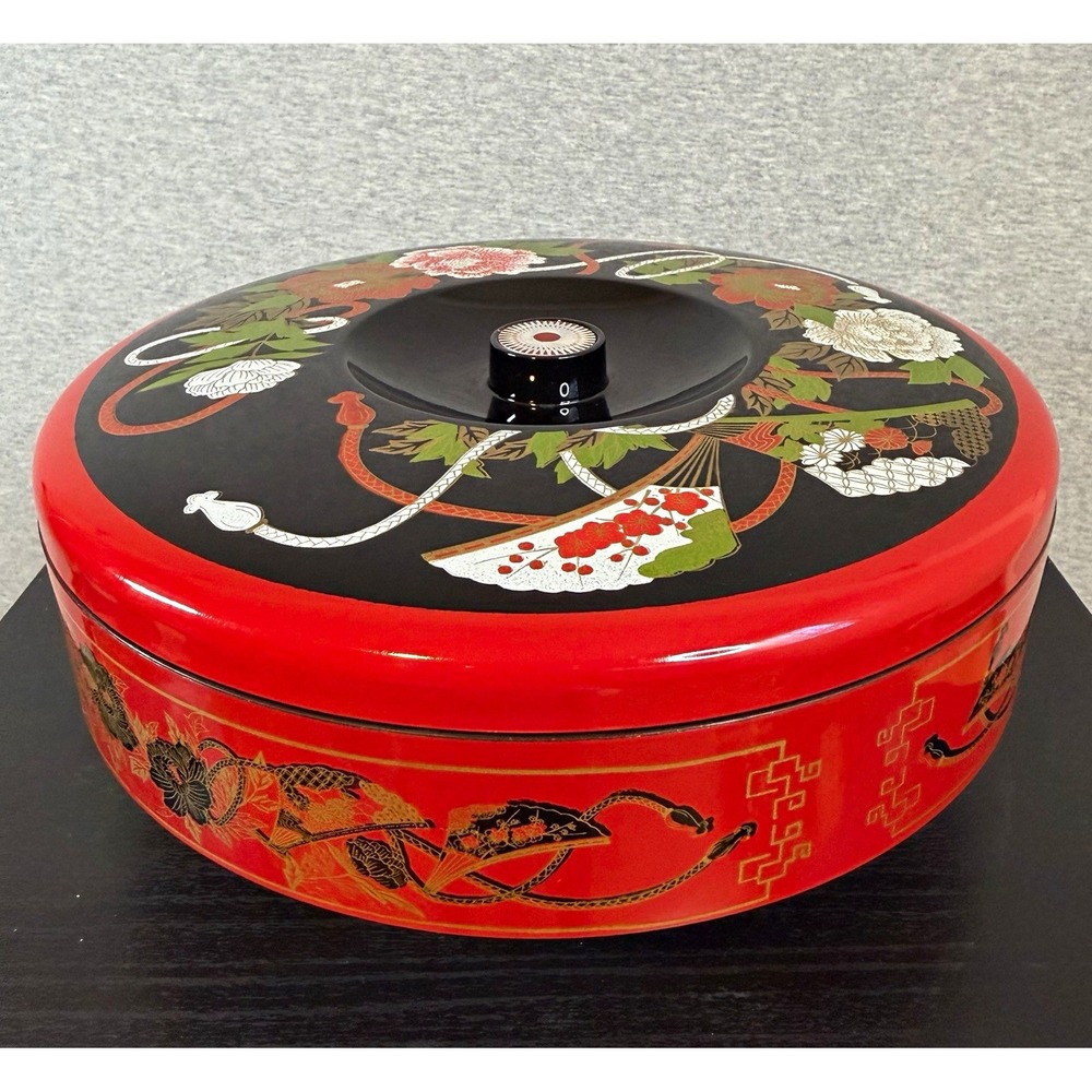 Vtg Japanese Lacquerware Lazy Susan Serving Tray Divided Lidded Dish Red Black